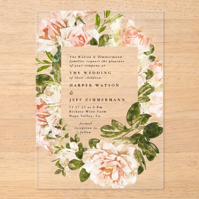 Elegant Rose Romance Watercolor Wedding Arch Acrylic Invitations (Front)