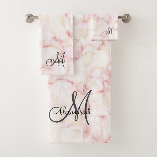 Élégant Rose rose marbre blanc Monogramme noir (En situation)