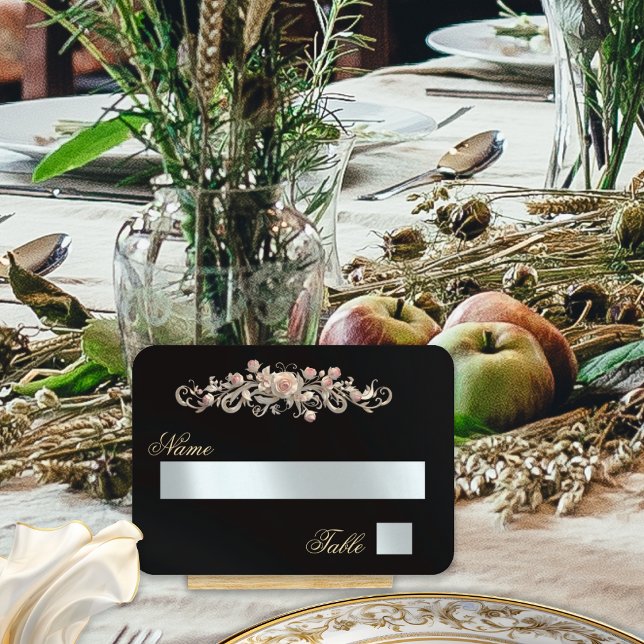 Elegant Rose Scroll & Heart Monogram - Black Place Card (Creator Uploaded)