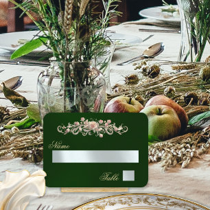Elegant Rose Scroll & Heart Monogram - Emerald Place Card