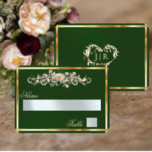 Elegant Rose Scroll & Heart Monogram - Emerald Place Card