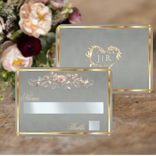 Elegant Rose Scroll & Heart Monogram - Sage Place Card