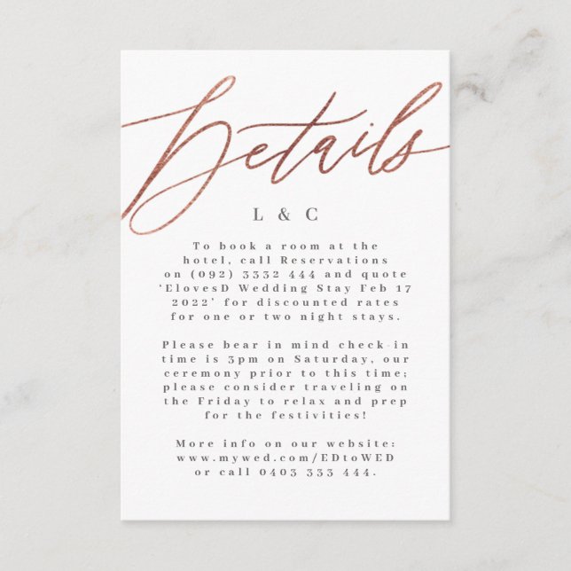 Elegant Rose simple Gold Mariage Détails Carte (Devant)