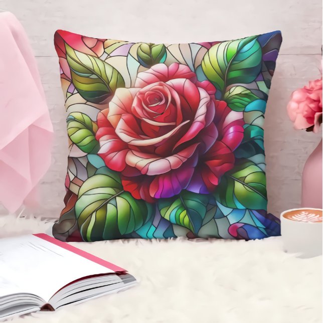 Elegant Rose Stained Glass Effect Throw Pillow (Creator Uploaded)