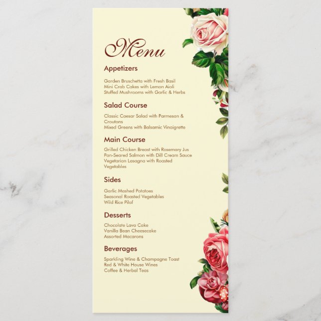 Elegant Rose Wedding Menu Card (Front)