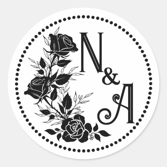 Elegant Rose Wedding Monogram  Classic Round Sticker (Front)