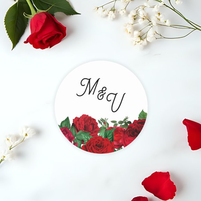 Elegant Rose Wedding Monogram Personalized Classic Round Sticker (Round sticker with white background, Monogram letters and rose accents.)