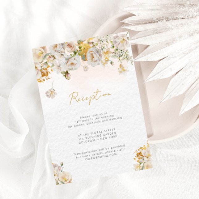 Elegant Rose White Gold Floral Reception Card (Creator Uploaded)
