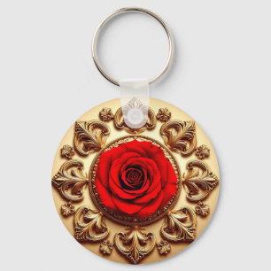 Elegant Rose with Ornate Decorative Frame Keychain