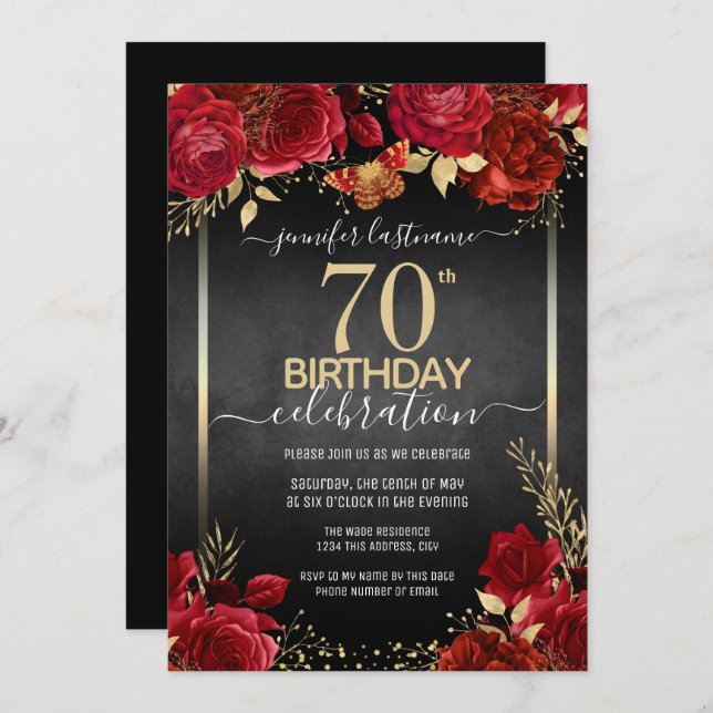 Elegant Roses 70th Birthday Invitation (Front/Back)