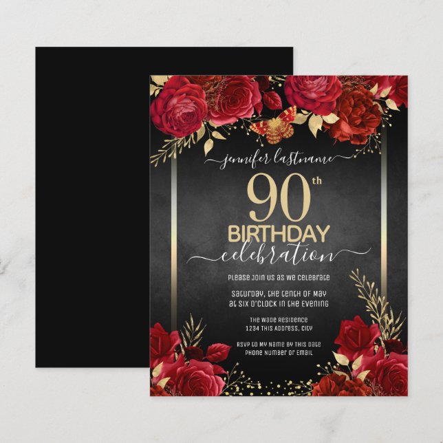 Elegant Roses 90th Birthday Invitation (Front/Back)