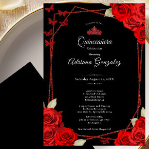 Elegant Roses and Crown Red Quinceanera  Invitation