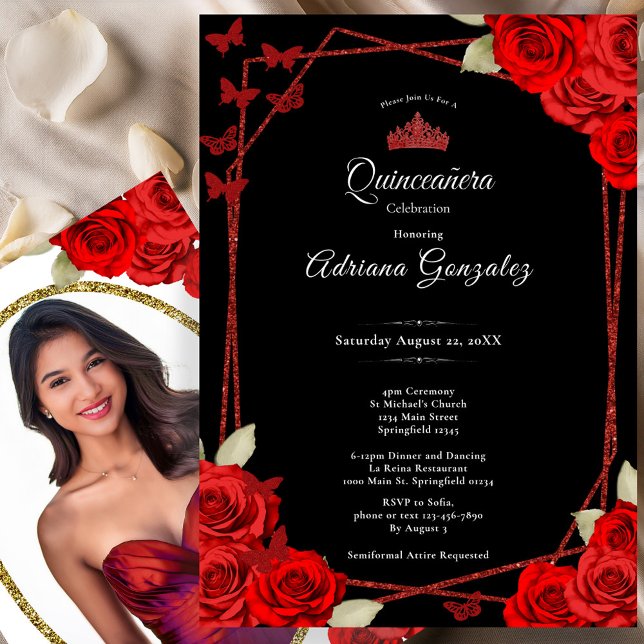 Elegant Roses and Crown Red Quinceanera  Invitation (Creator Uploaded)