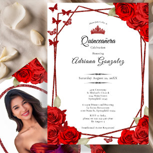 Elegant Roses and Crown Red Quinceanera  Invitation