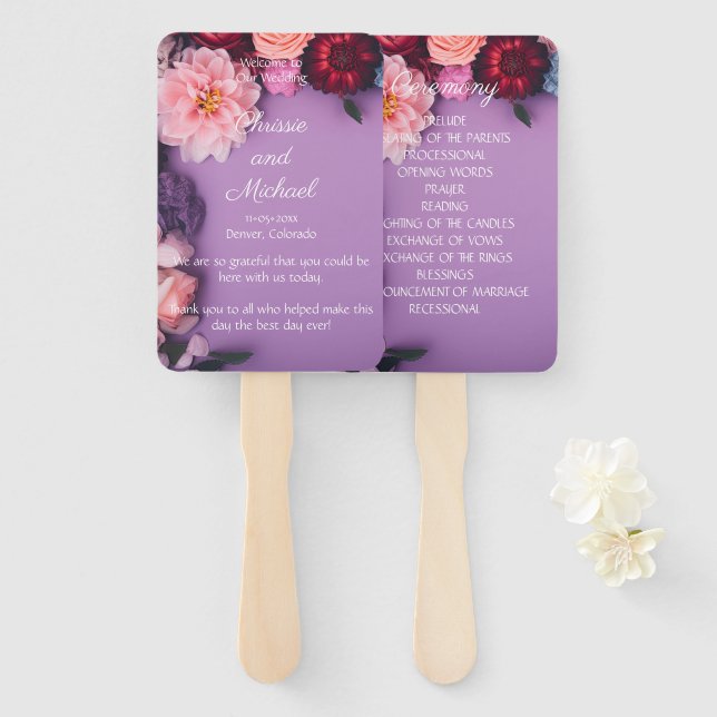 Elegant Roses and Gerbera Florals Wedding Program Hand Fan (Front and Back)