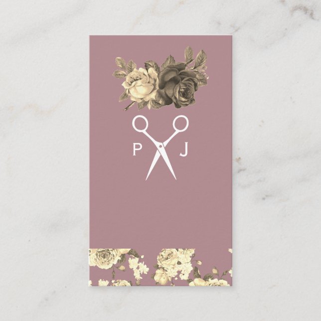 Elegant Roses and Pattern Salon Shears Monogram Business Card (Front)