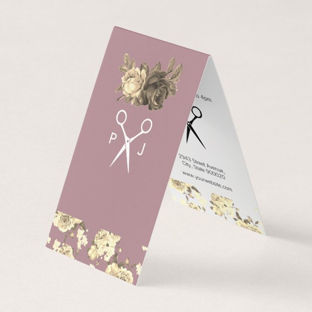 Elegant Roses and Pattern Salon Shears Monogram Business Card (Front)