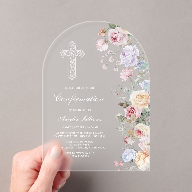 Elegant Roses Arch Confirmation Acrylic Invitations (Insitu (Handheld))
