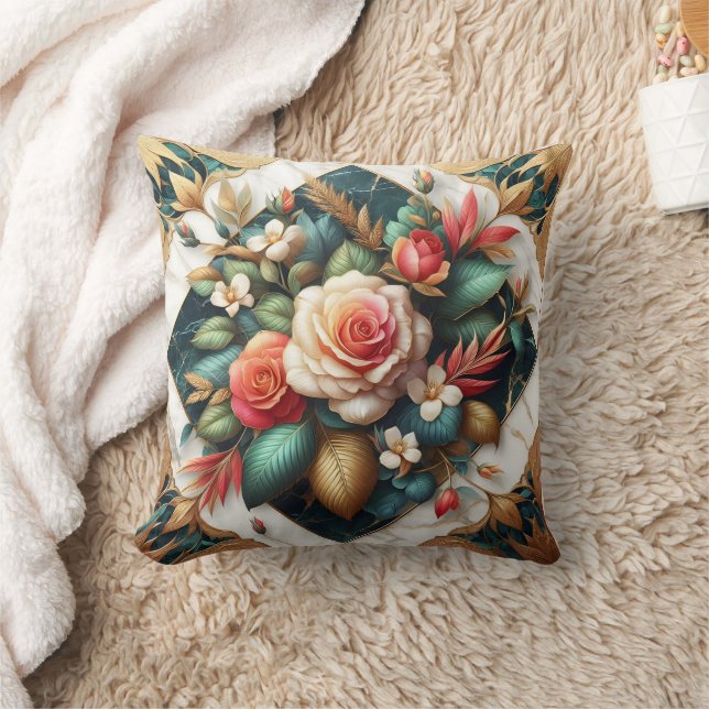 Elegant Roses Arrangement With Leafy Accents Throw Pillow (Blanket)