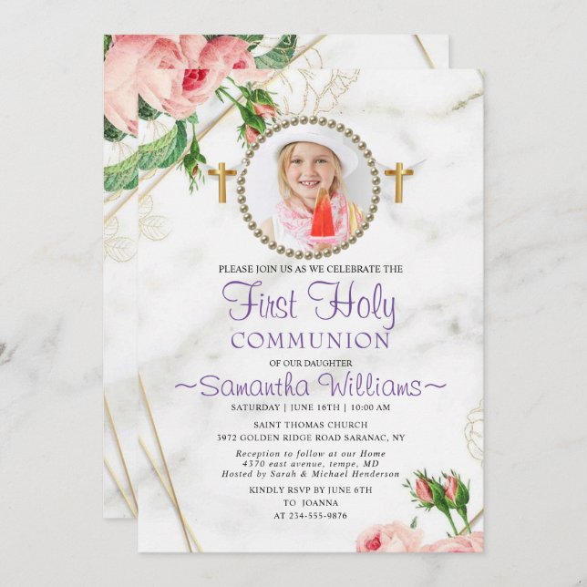 Elegant roses Blush Marble First Communion Invitation (Front/Back)