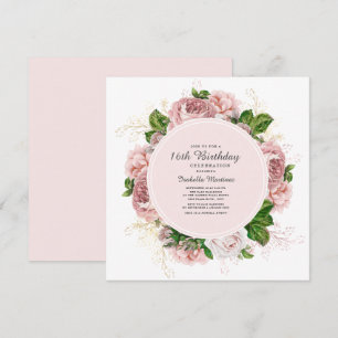 Elegant Roses Blush Pink Floral 16th Birthday Invitation