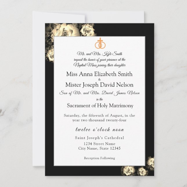 Elegant Roses Catholic Wedding Invitation (Front)