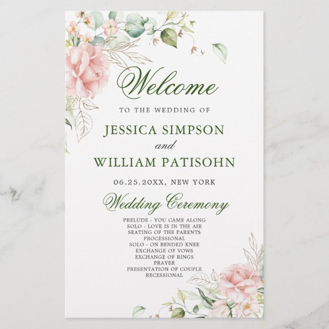 Elegant Roses Eucalyptus Wedding Ceremony Program (Front)