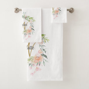 Elegant Roses Floral Gold Script Monogram Bath Towel Set