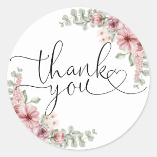 Elegant Roses Floral Heart Script Thank You Classic Round Sticker
