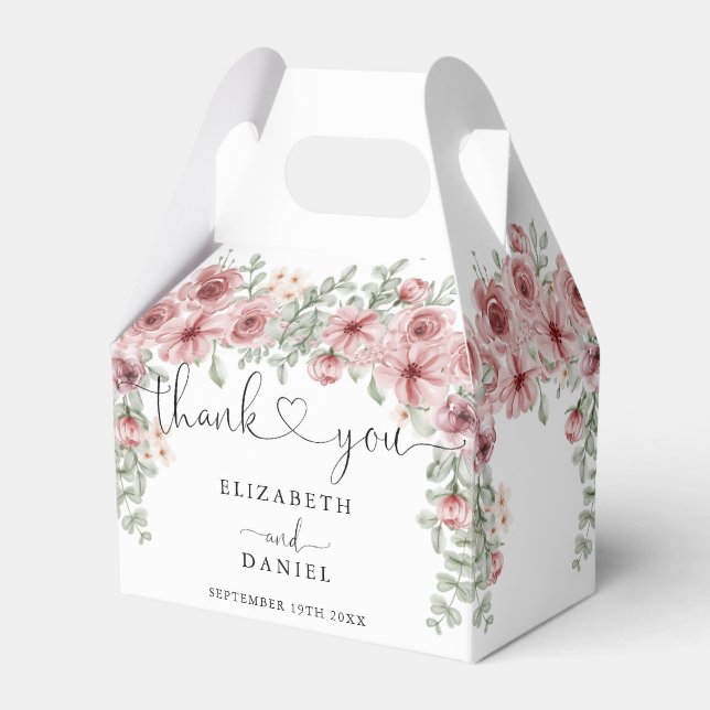 Elegant Roses Floral Heart Script Wedding Favor Box (Front Side)