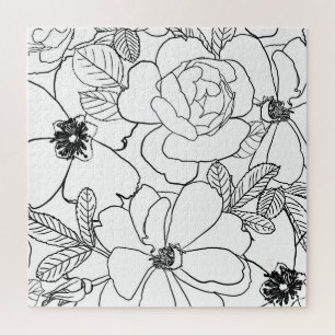 Elegant Roses Floral Line Drawing design Jigsaw Puzzle