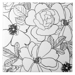 Elegant Roses Floral Line Drawing design Tile