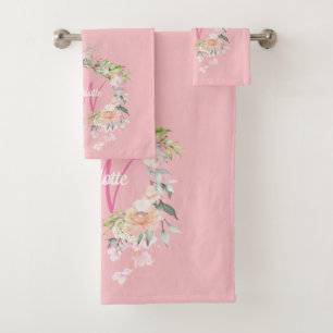 Elegant Roses Floral Pink Script Monogram Bath Towel Set