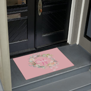 Elegant Roses Floral Pink Script Monogram Doormat