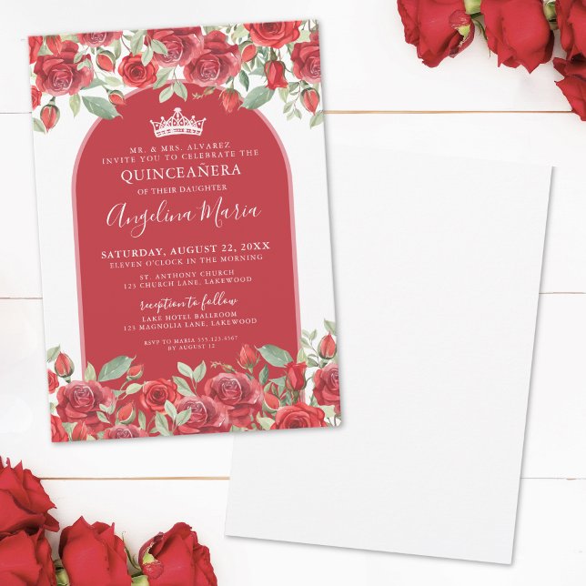 Elegant Roses Floral Red Quinceanera Invitation (Elegant Roses Floral Red Quinceanera Invitation )
