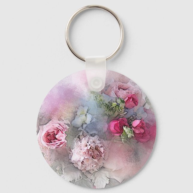 Elegant Roses Flowers Watercolor Art Template Keychain (Front)