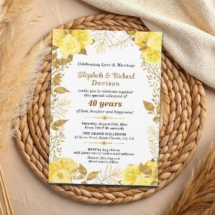 Elegant Roses Gold Floral 40th Wedding Anniversary Invitation