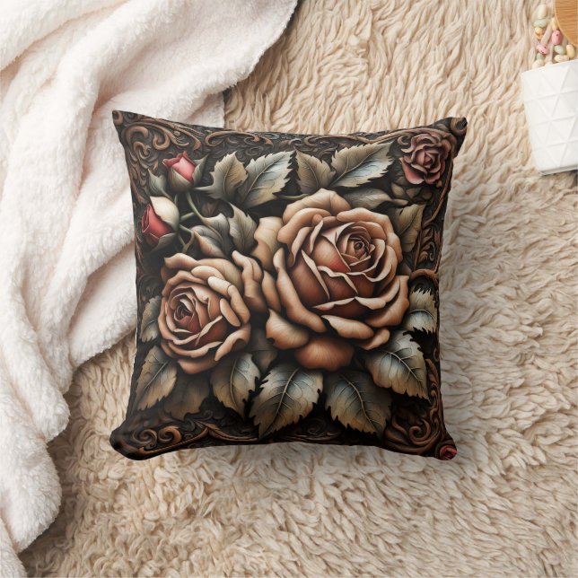 Elegant Roses in Intricate Carved Design Throw Pillow (Blanket)