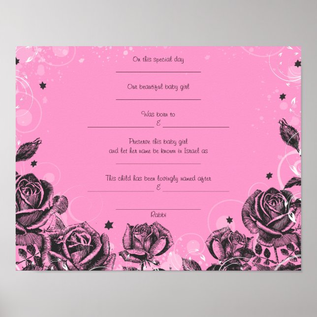 Elegant Roses Jewish Baby Naming Birth Certificate Poster (Front)