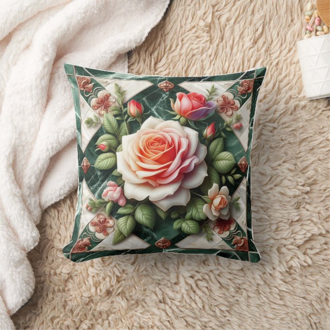 Elegant Roses on a Green Marble Background Throw Pillow (Blanket)