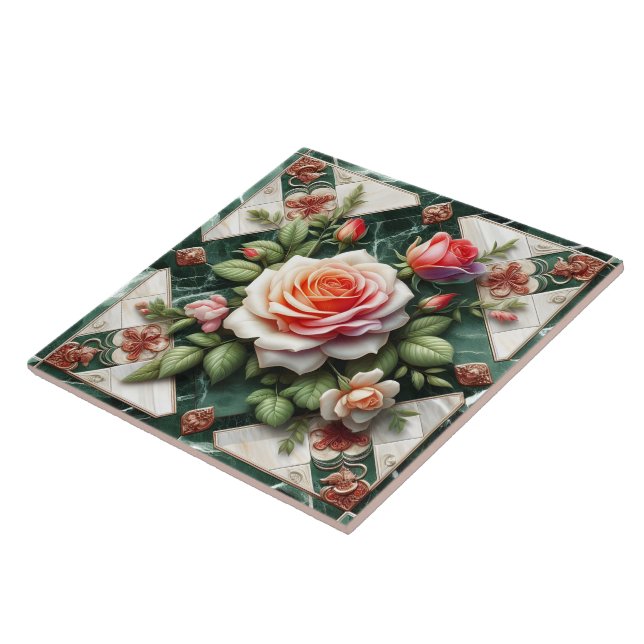 Elegant Roses on a Green Marble Background Tile (Side)