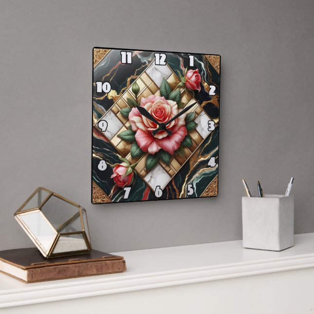 Elegant Roses on Marble and Gold Background Square Wall Clock (Office)