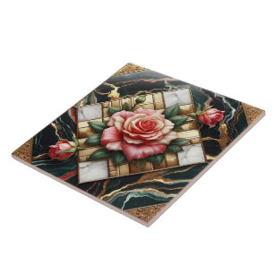 Elegant Roses on Marble and Gold Background Tile