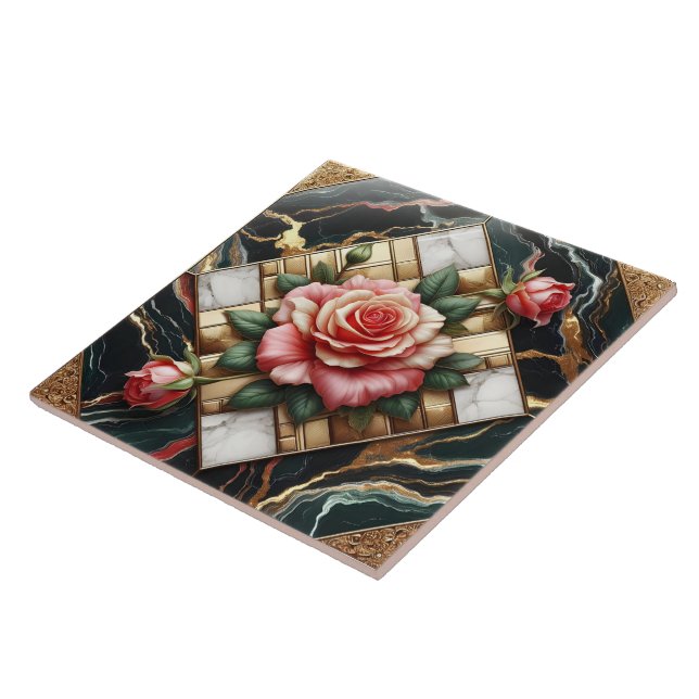Elegant Roses on Marble and Gold Background Tile (Side)