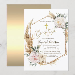 Elegant Roses Pampas Grass Baptism Invitation