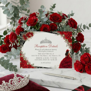 Elegant Roses Red and Silver Tiara Quinceañera Enclosure Card