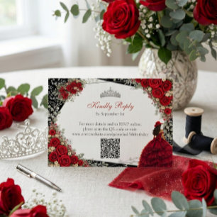 Elegant Roses Red and Silver Tiara Quinceañera RSVP Card