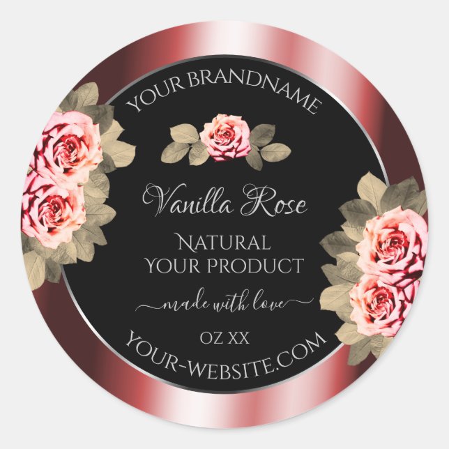 Elegant Roses Shimmering Red Black Product Labels (Front)
