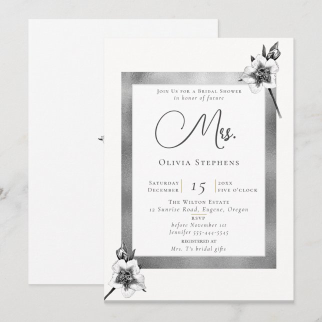Elegant Roses Silver Christmas Future Mrs. Shower Invitation (Front/Back)