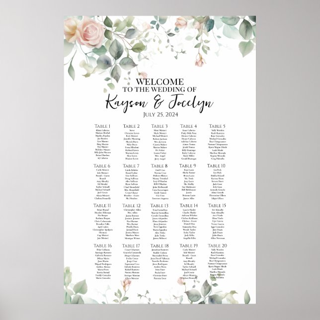 Elegant roses wedding seating chart 20 tables (Front)